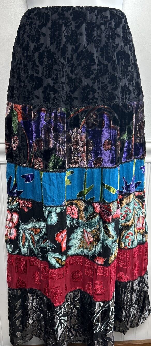Vtg Chicos Tiered Boho Whimsy Silk Crushed Velvet Maxi Skirt S/M Y2K Patchwork